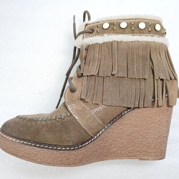 Sam Edelman Suede Fringe Ankle Wedge Boots 4" Heel Women's 8 VGUC - Picture 4 of 16